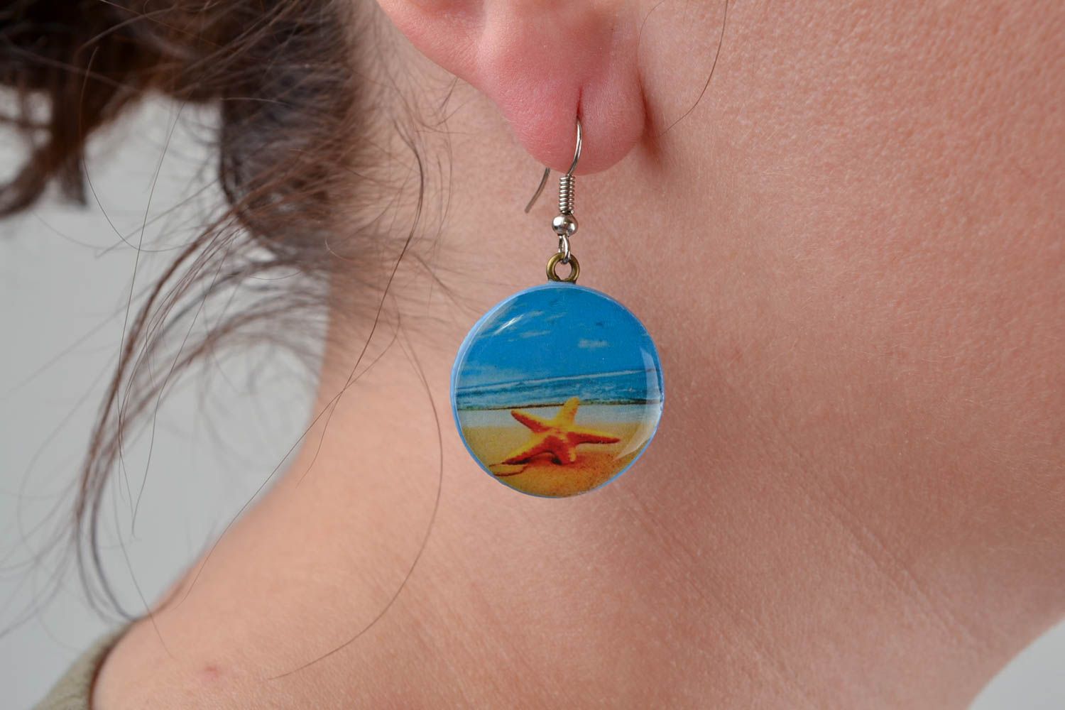 Handmade polymer clay dangling round earrings coated with epoxy resin Seaside photo 2