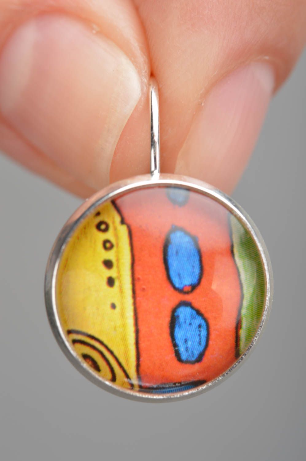 Handmade designer round dangle earrings with bright colorful pattern photo 3