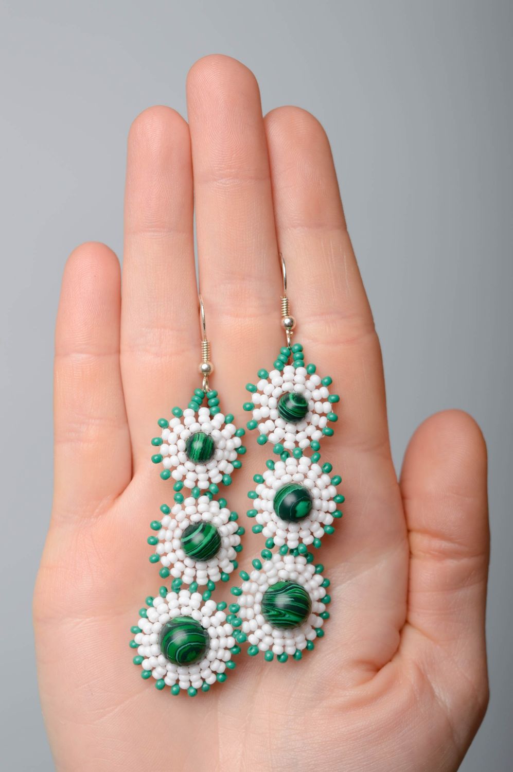 Long green beaded earrings with malachite photo 2