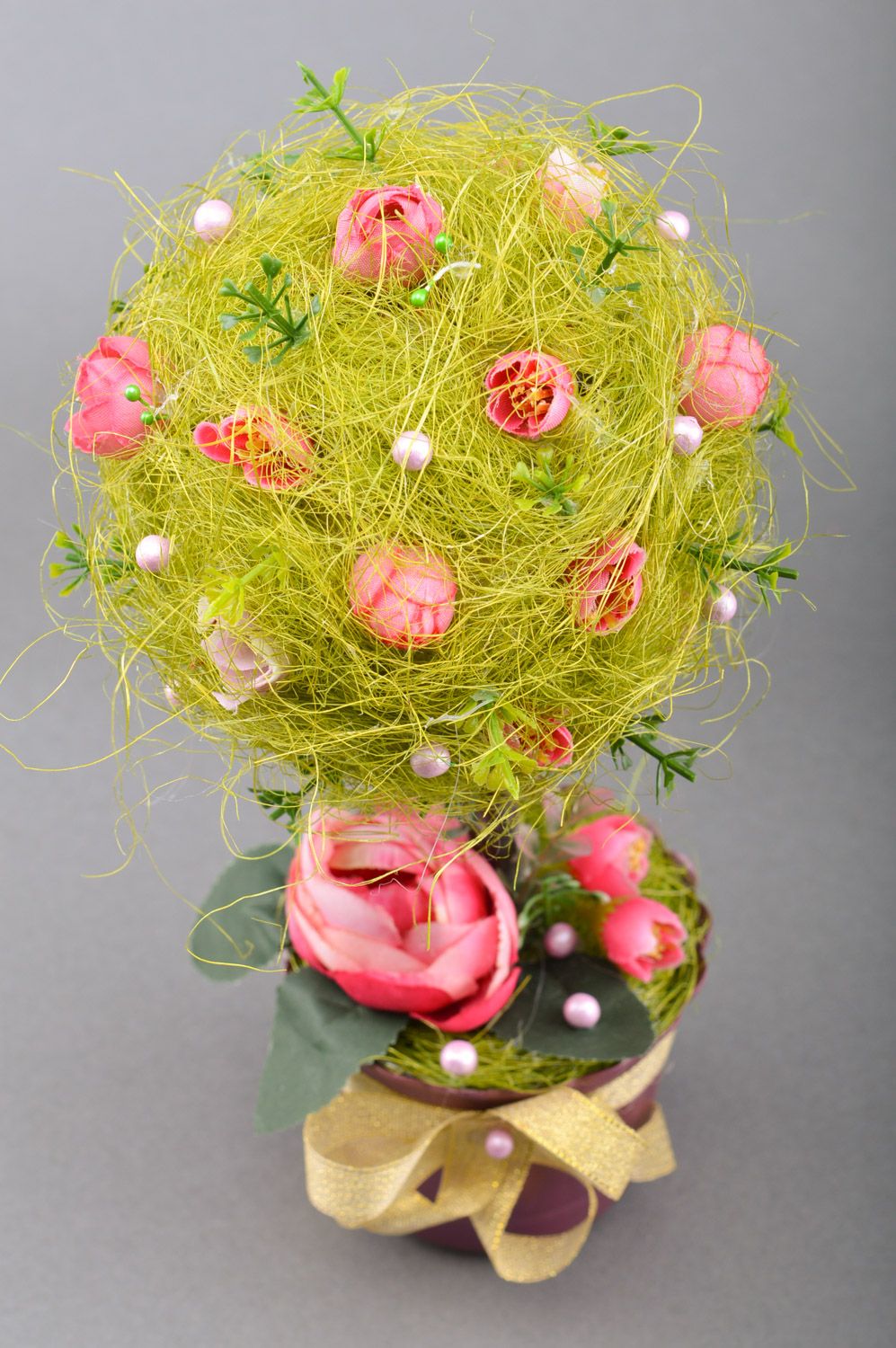 Handmade bright green topiary tree with sisal and flowers for interior decor photo 3