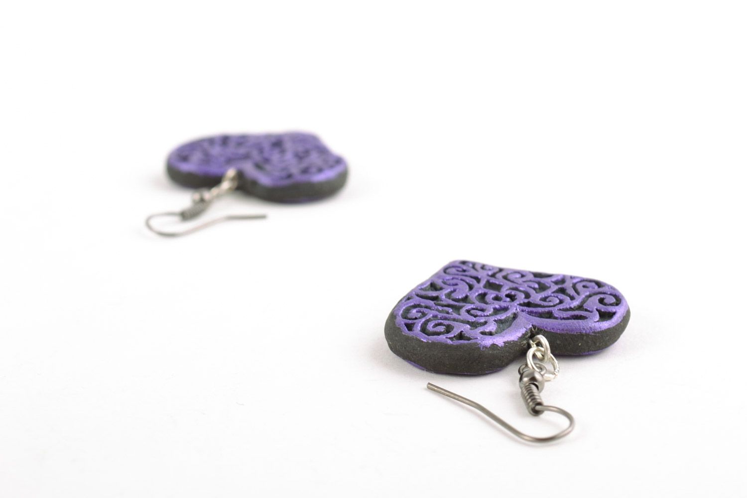 Black and violet handmade designer clay earrings with painting for women photo 4