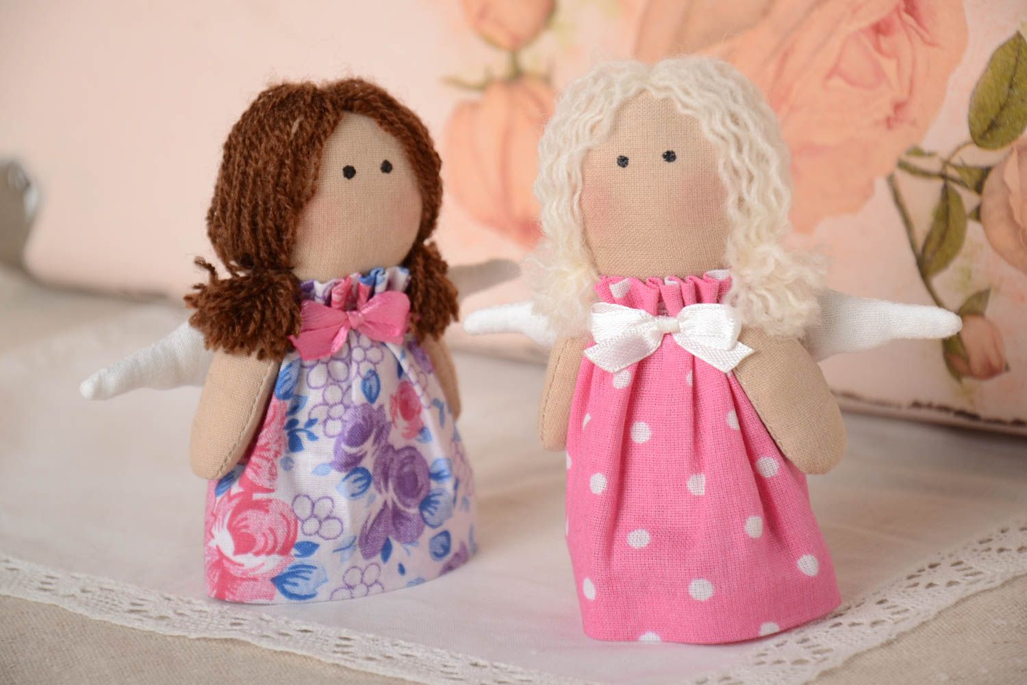 Set of 2 handmade collectible fabric dolls soft rag doll nursery design photo 1