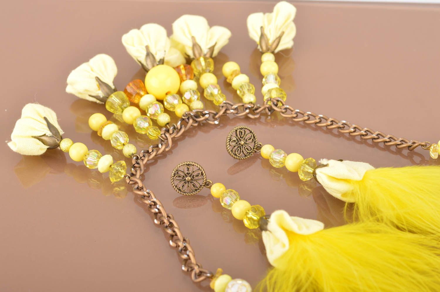 Set of handmade jewelry in yellow color necklace and earrings with feathers photo 5