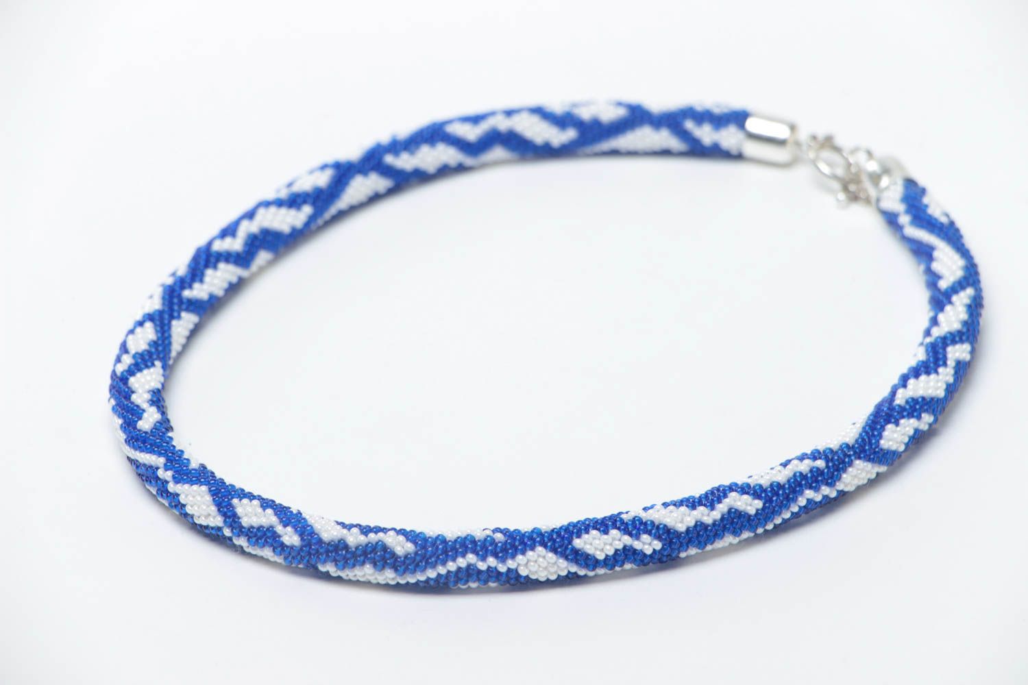 Beautiful handmade designer woven beaded cord necklace white with blue pattern photo 3