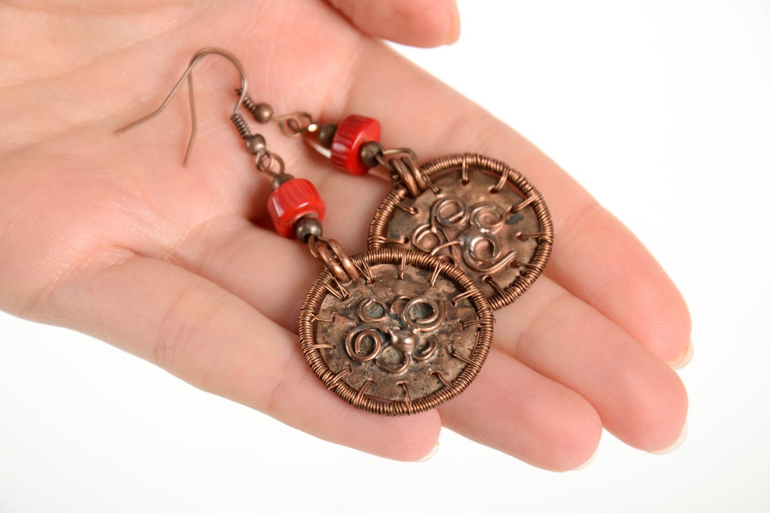 Handmade designer earrings jewelry with coral unusual copper earrings photo 2