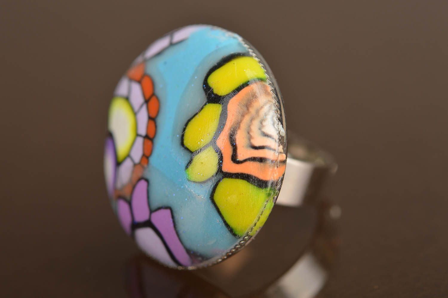 Handmade elegant ring made of polymer clay with an adjustable base made of metal photo 5