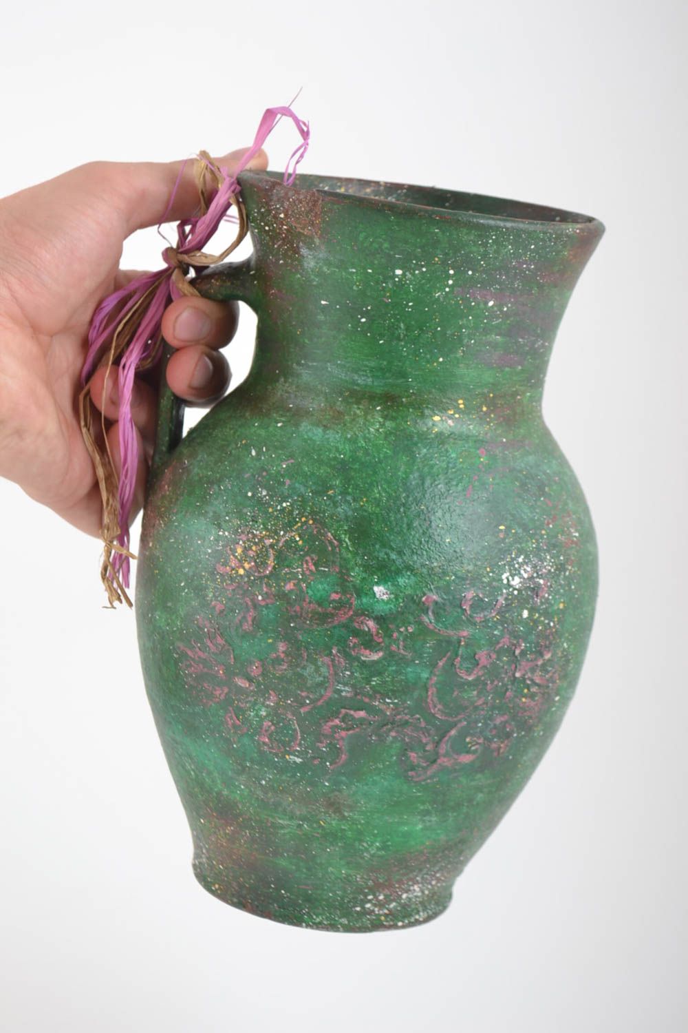 Cruche décorative Pichet décoratif fait main vert céramique Vaisselle décorative photo 5
