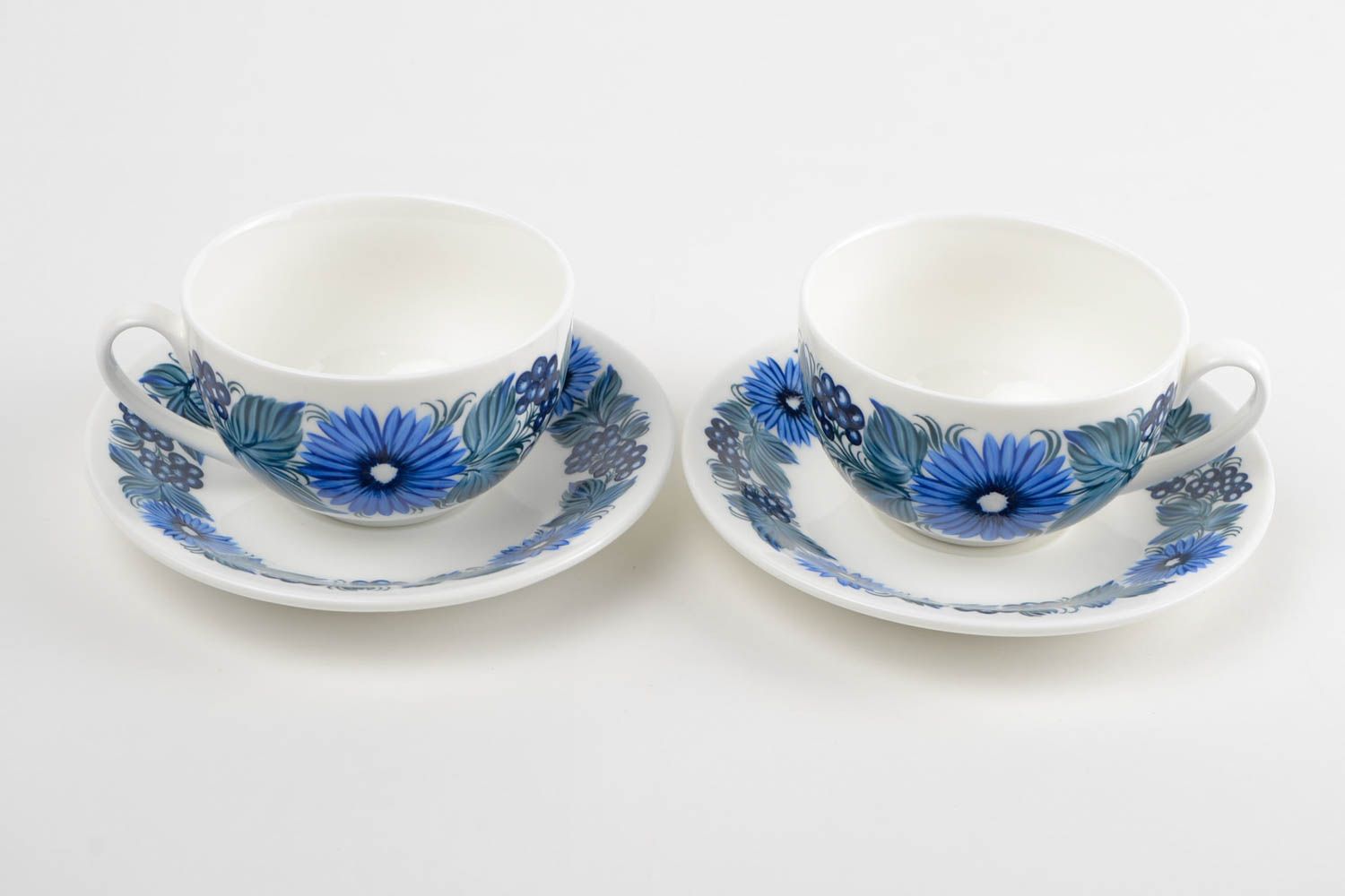Set of Russian floral style white and blue coffee cups with handles and saucers photo 5