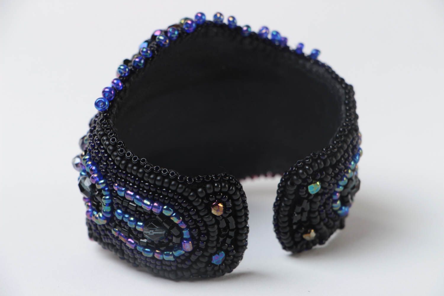 Unusual dark handmade wrist bracelet embroidered with beads and natural stones photo 4