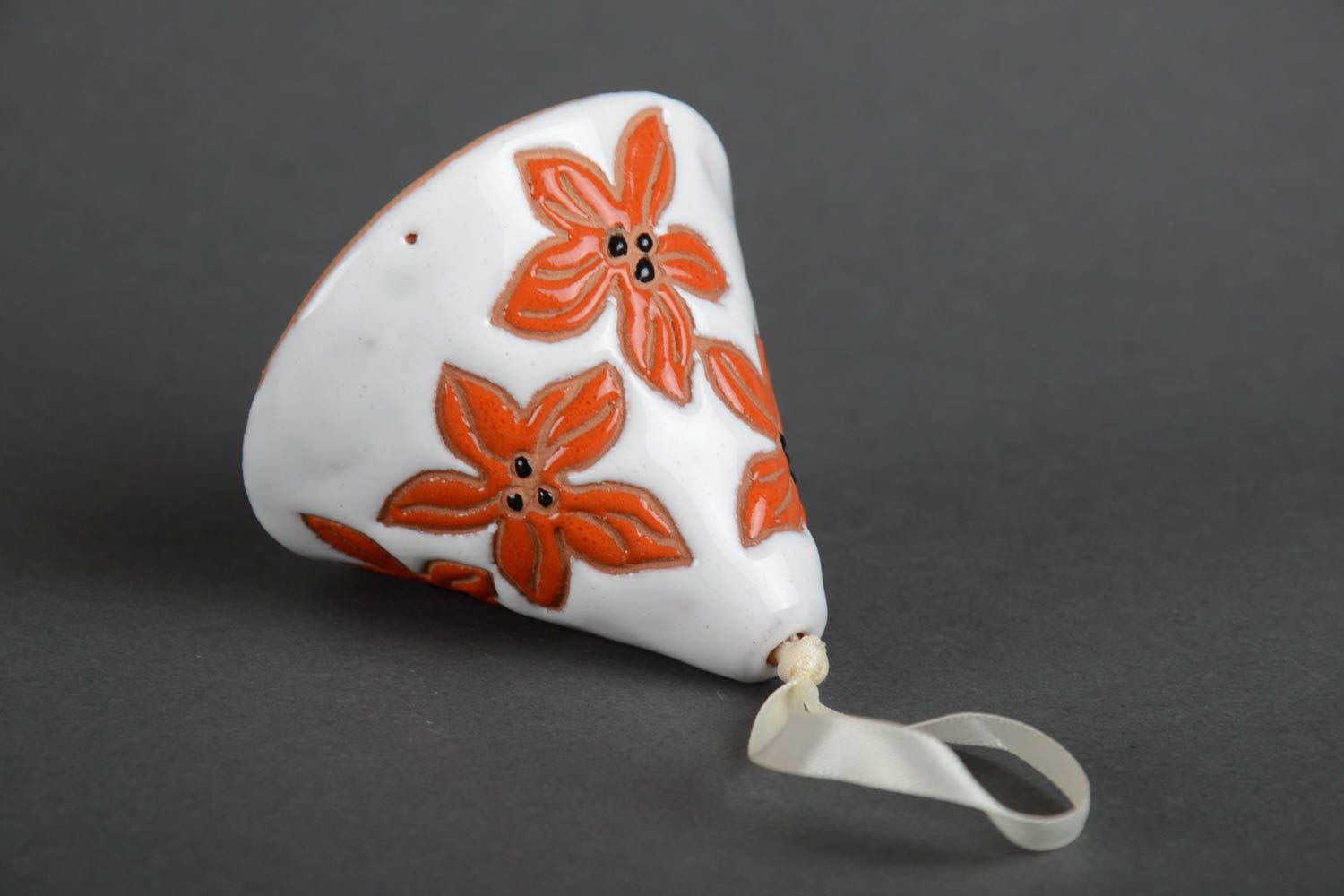 Handmade small ceramic white and orange decorative hanging bell with flowers photo 4