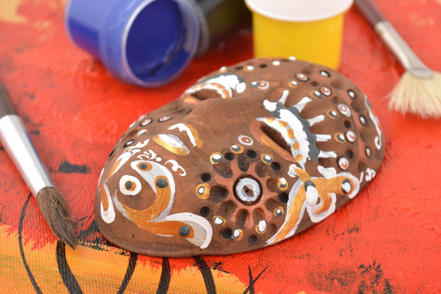 Beautiful bright handmade designer small ceramic carnival mask for decor photo 1