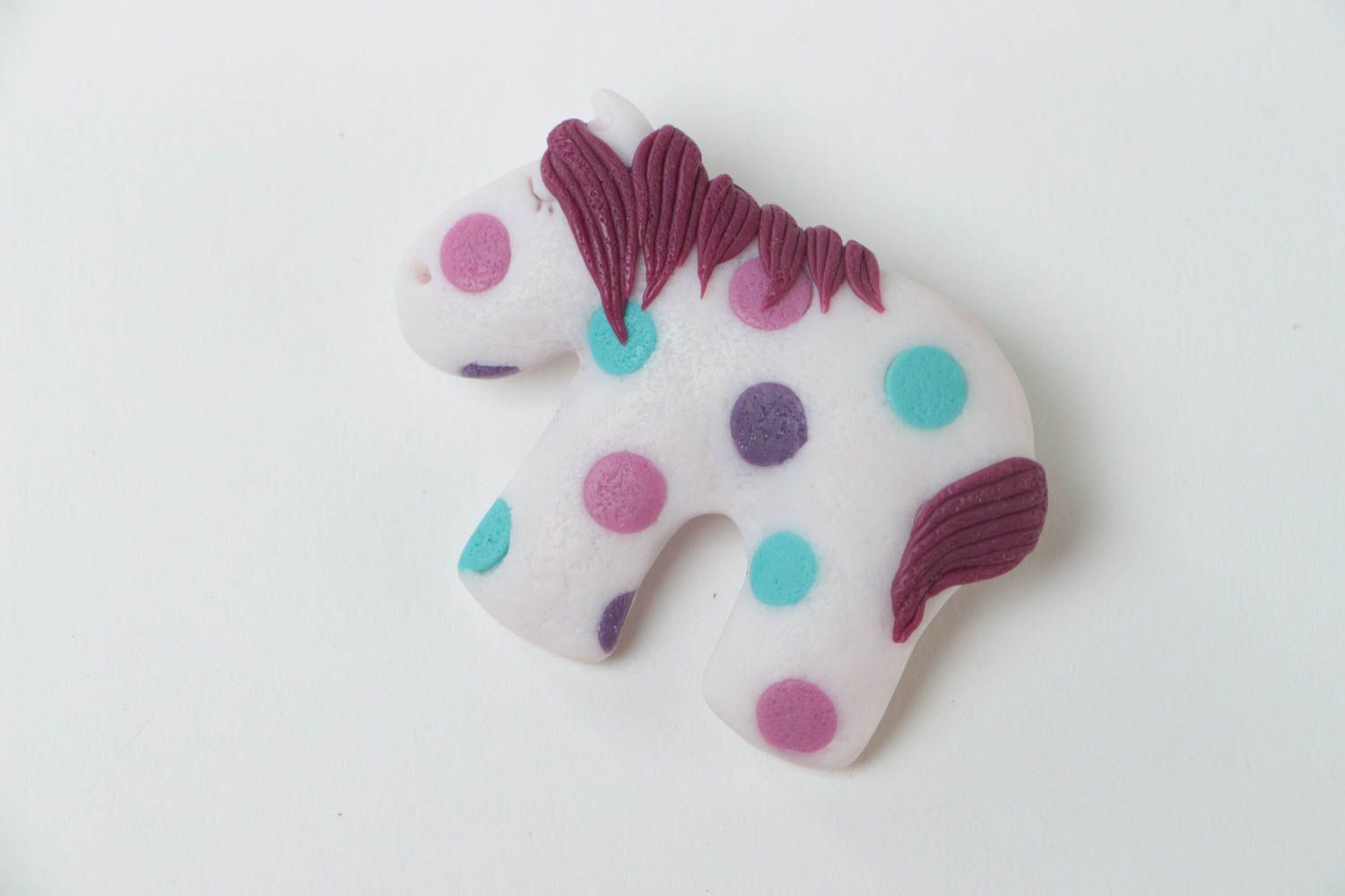 Handmade designer polymer clay brooch small white polka dot pony for children photo 2
