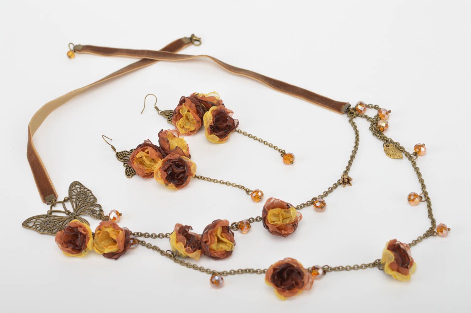 Комплект украшений женское колье и серьги ручной работы с цветами и бабочками фото 3