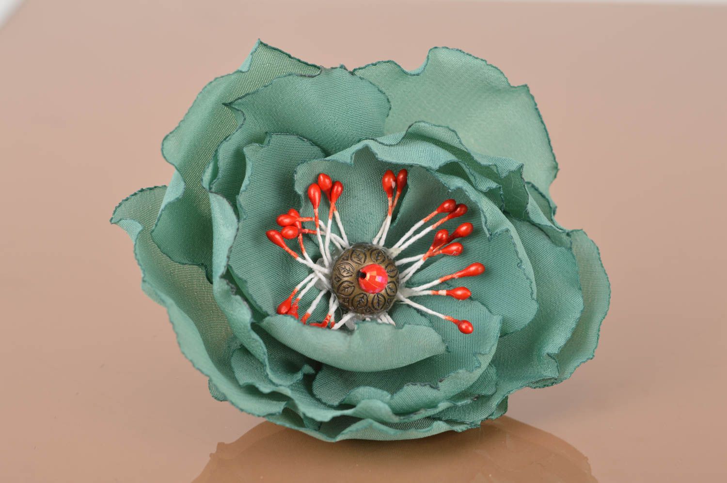 Brooch hair clip made of fabric lush green flower handmade designer accessory photo 2
