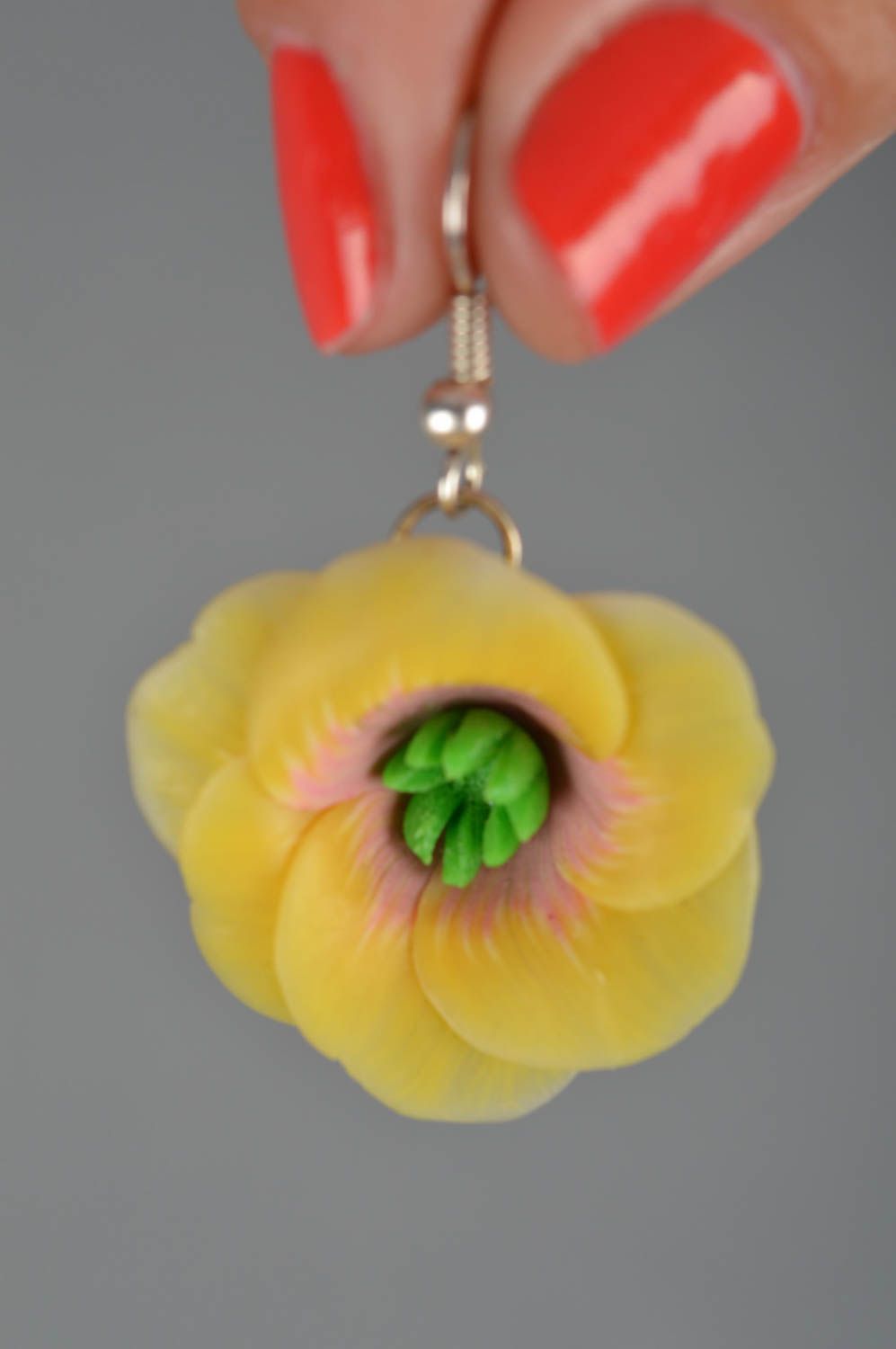 Beautiful handmade designer polymer clay flower earrings yellow and pink photo 3