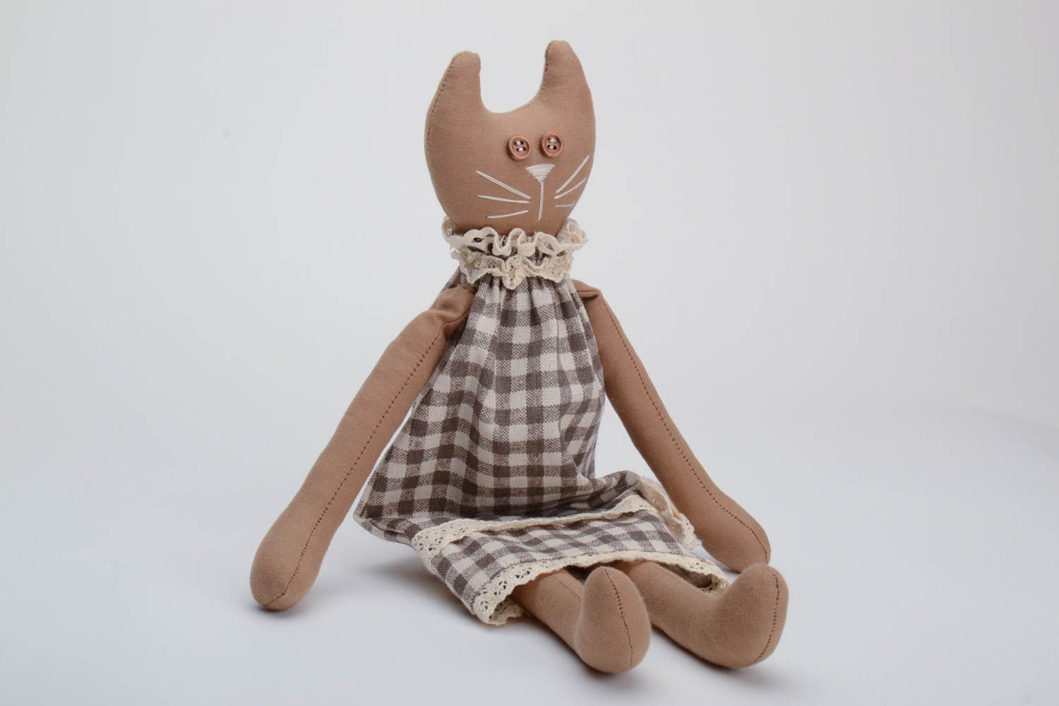 Handmade designer cotton fabric soft toy brown cat girl in checkered dress photo 2