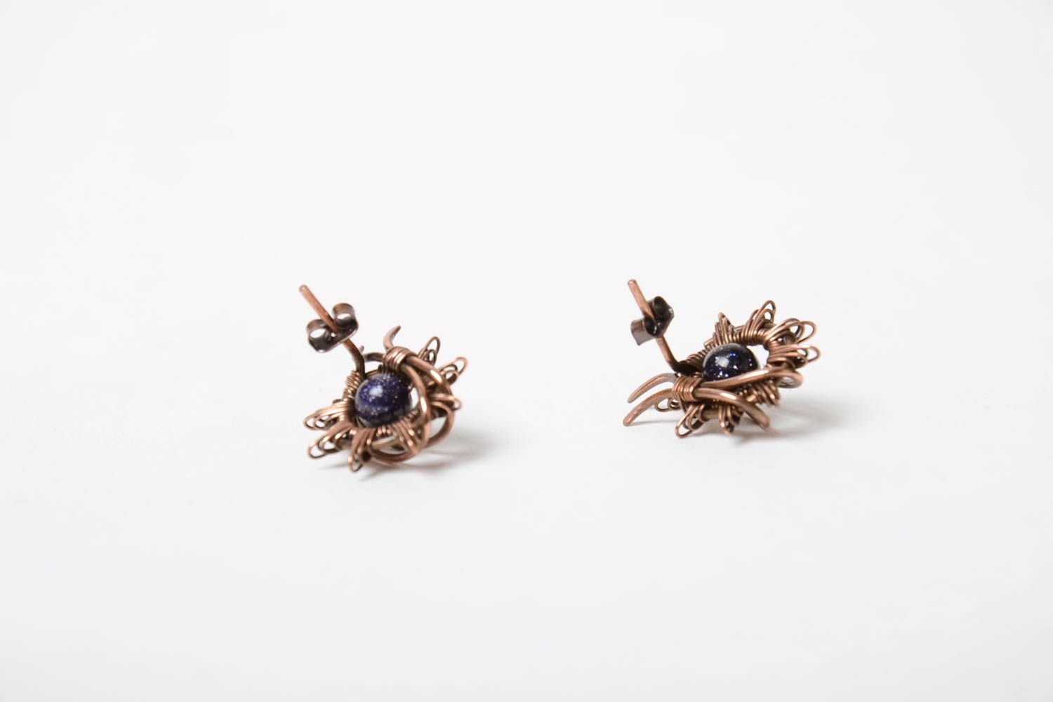 Handmade small wire wrap copper stud earrings with dark aventurine beads photo 4