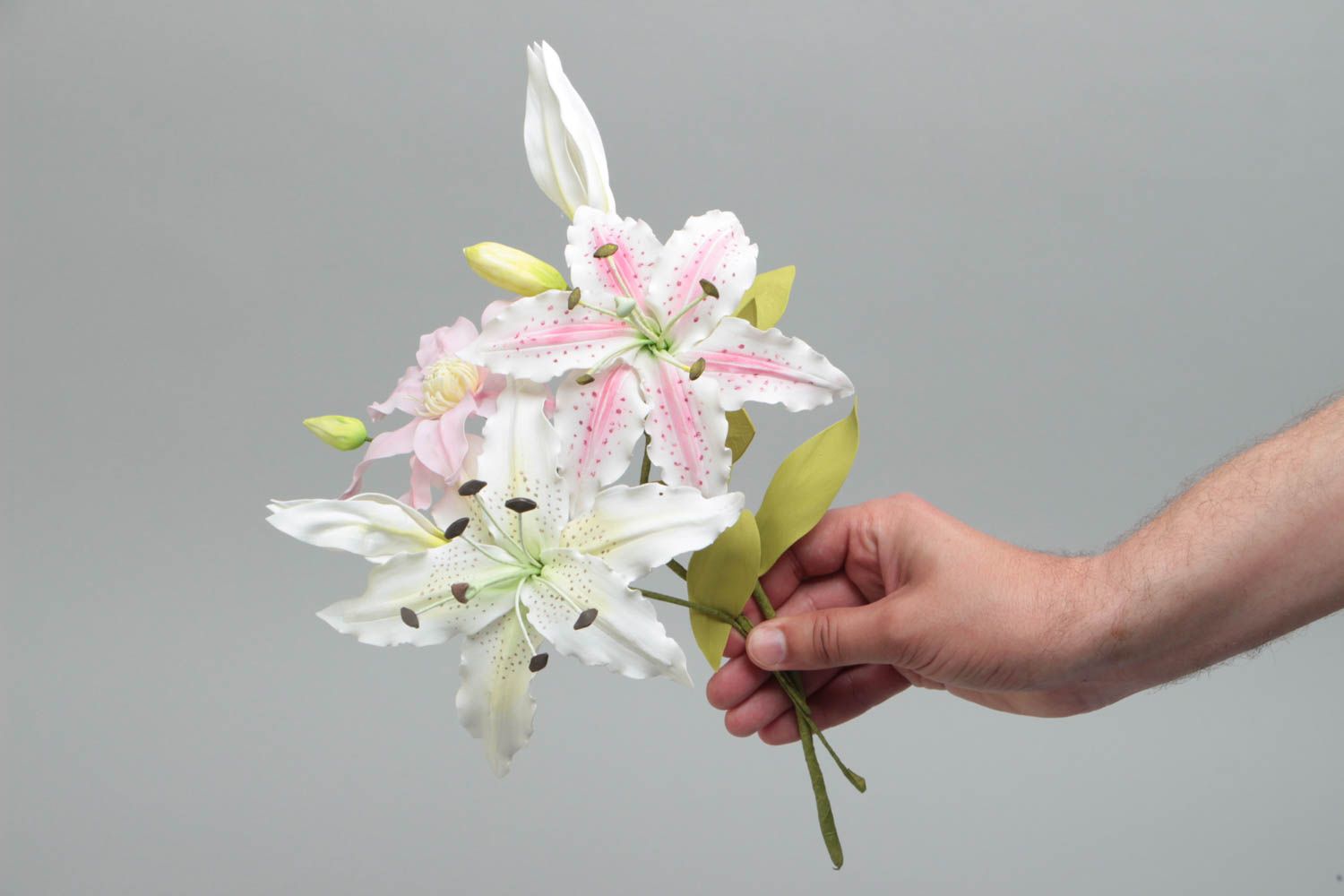 Beautiful handmade foamiran fabric flower bouquet of liles for home decor photo 5
