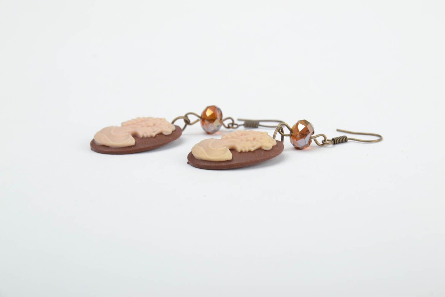 Handmade oval cameo polymer clay dangling earrings in light color palette photo 4