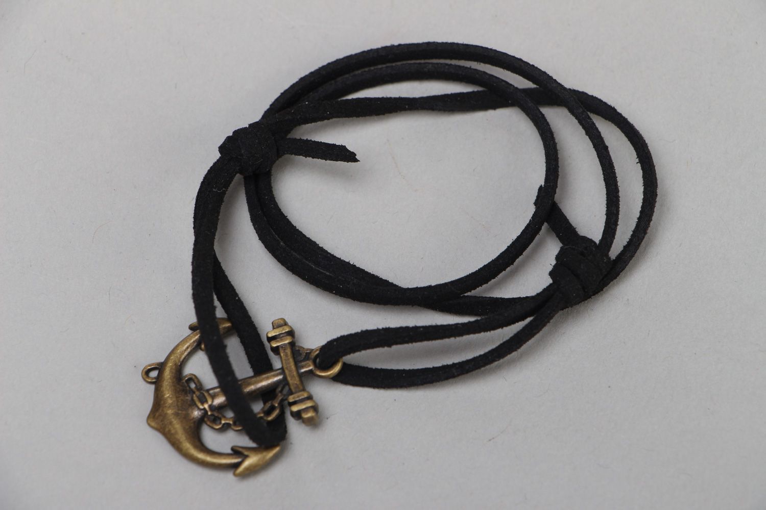 Handmade multi wrap wrist suede cord bracelet with metal anchor charm  photo 2