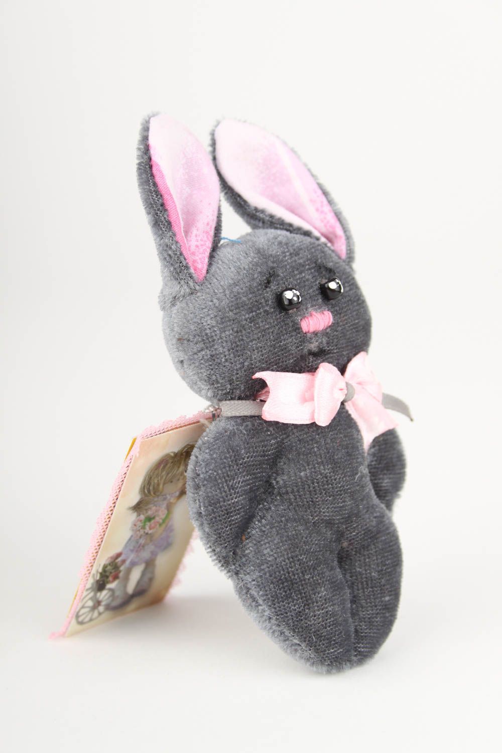 Peluche lapin faite main Jouet en tissu gris-rose original Cadeau enfant photo 2
