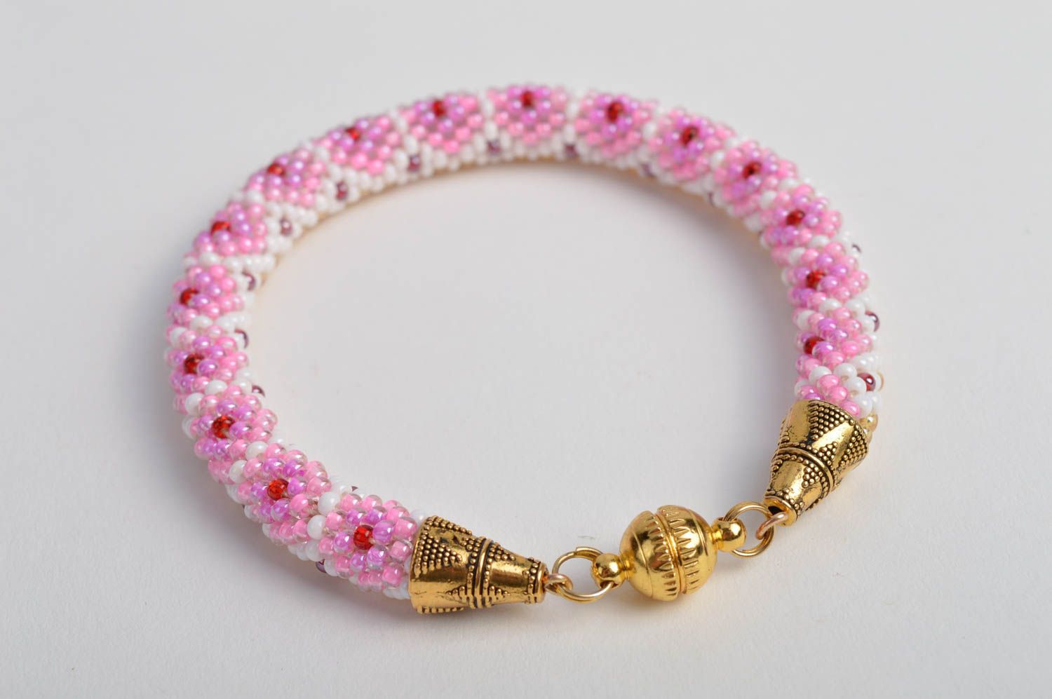 Bracelet spirale fait main Bijou fantaisie Cadeau femme rose perles de rocaille photo 5
