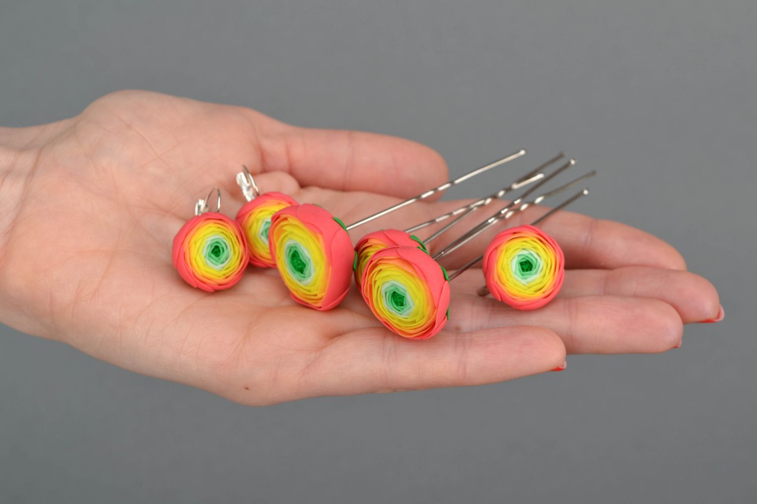 Polymer clay jewelry set earrings, ring and hair pins in the shape of a yellow-cup flowers photo 2