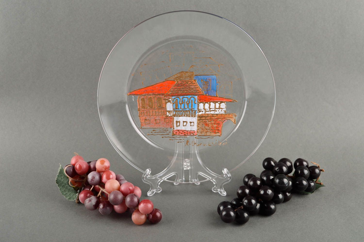 Assiette décorative en verre faite main avec maison peinte Déco originale photo 1