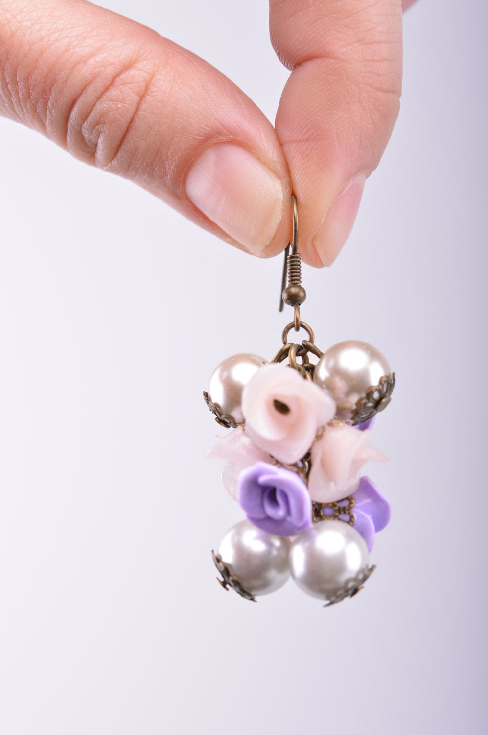 Handmade polymer clay flower earrings with pearl beads photo 1