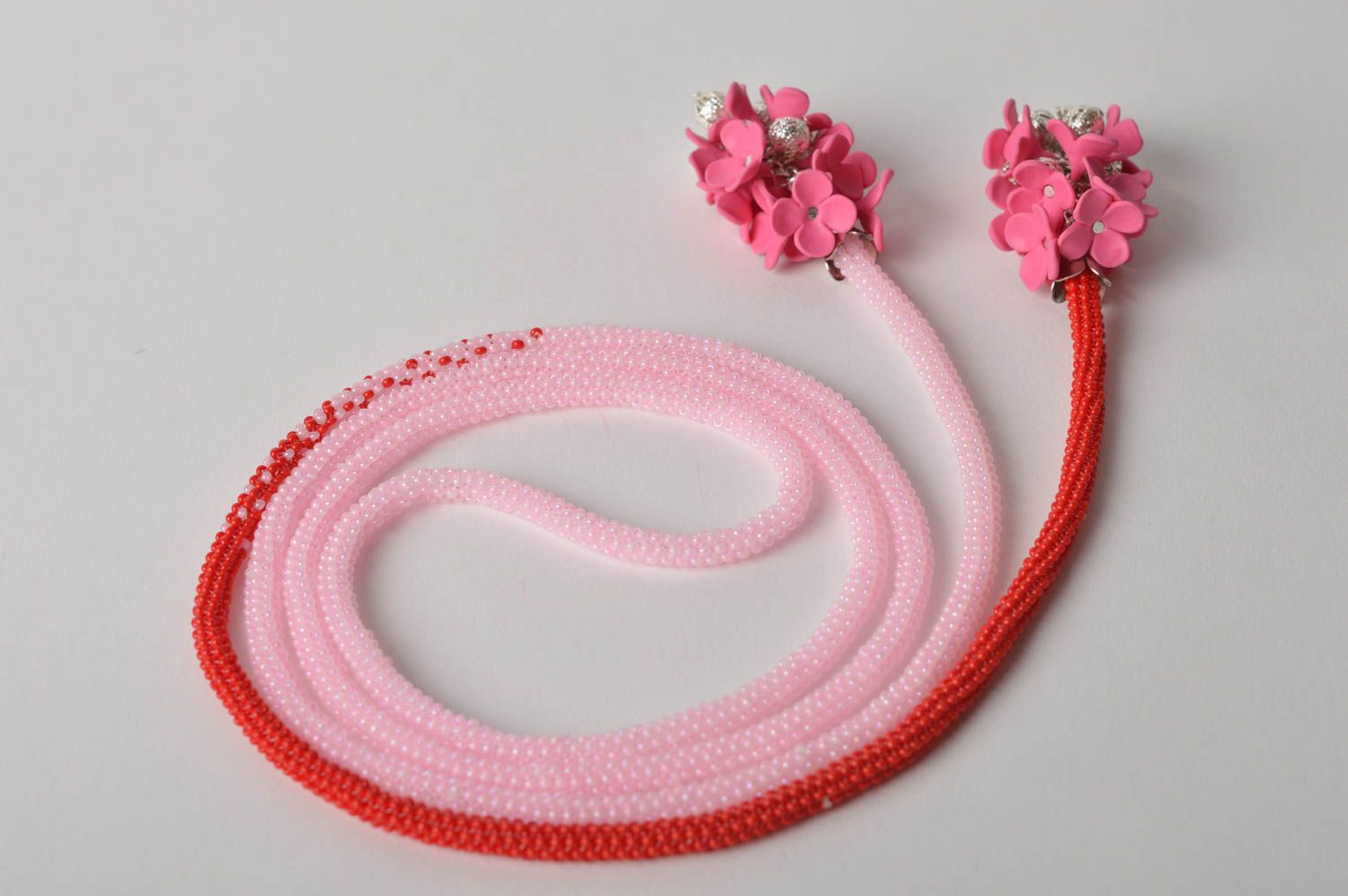 Handmade Rocailles Kette lange Halskette Damen Collier rot rosa mit Blumen foto 3