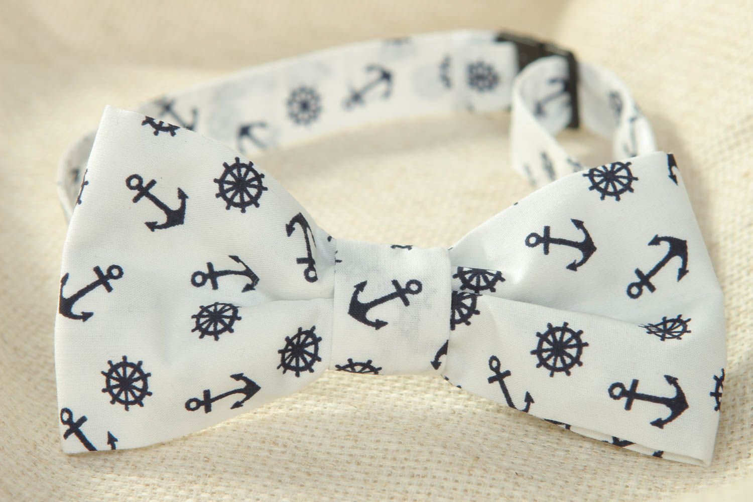 White cotton bow tie with anchors and steering wheels pattern photo 2
