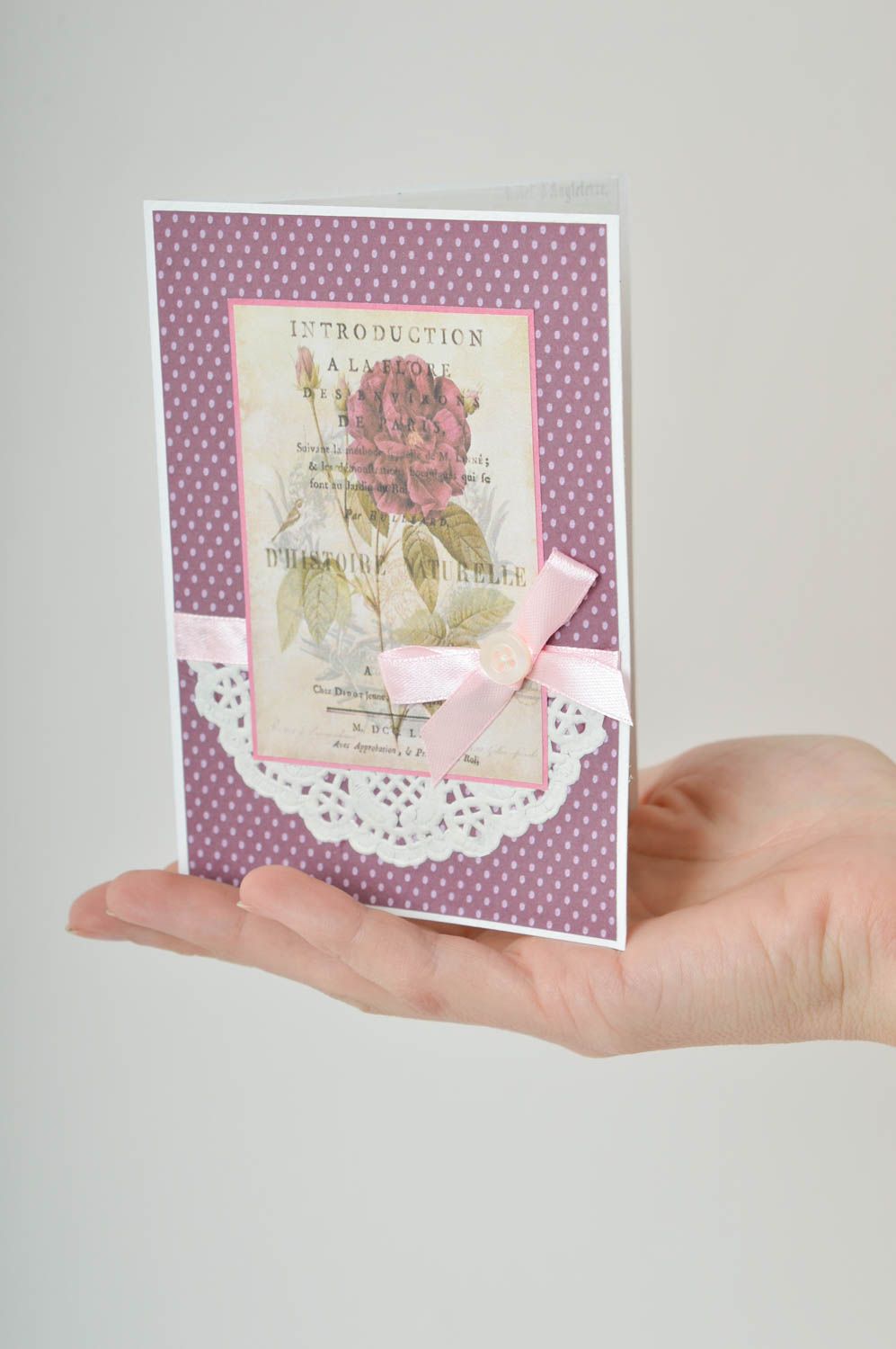 Carte de voeux faite main mauve vintage avec fleur et noeud Petit cadeau photo 4