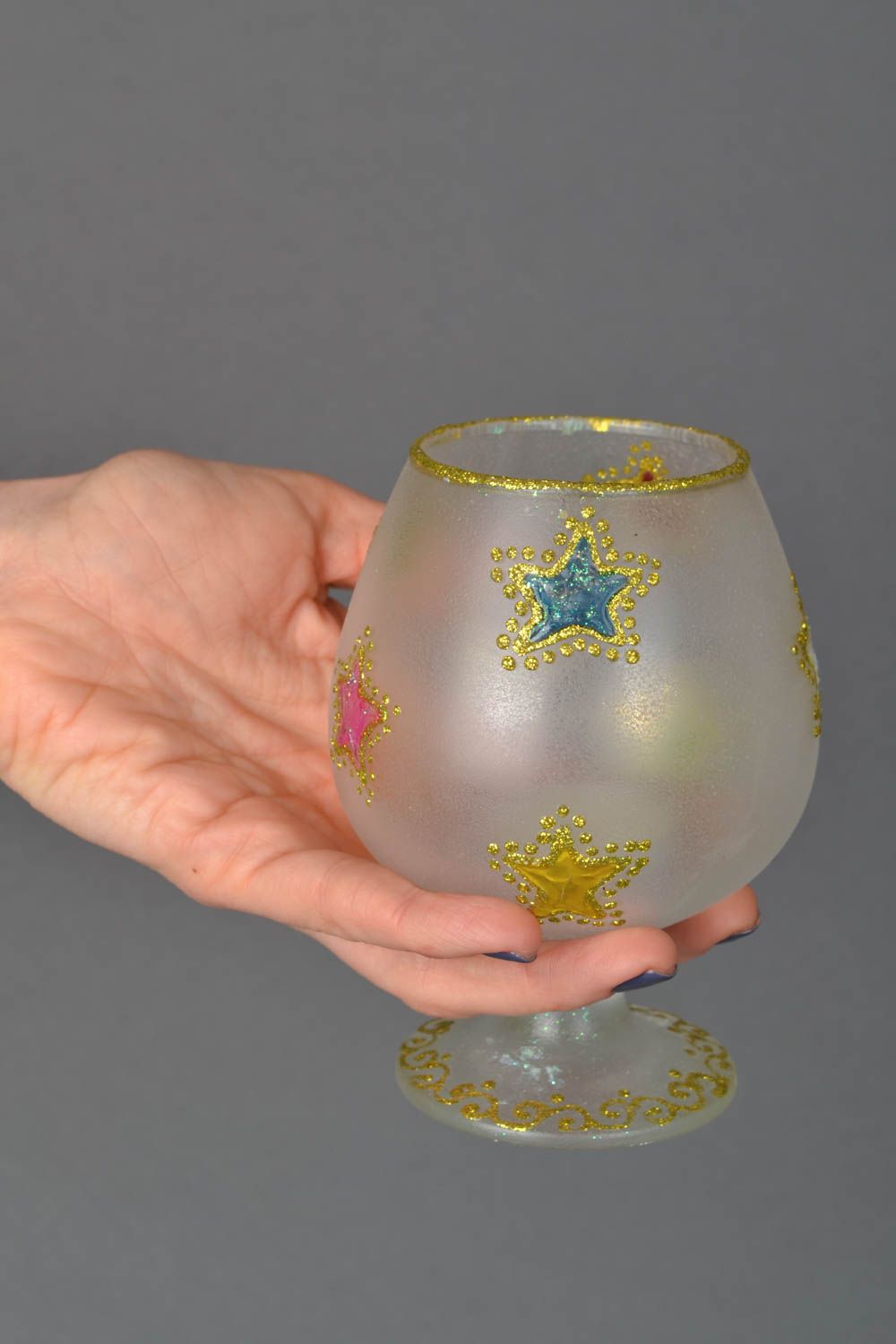 Candelero original en forma de copa de cristal en técnica de decoupage foto 2