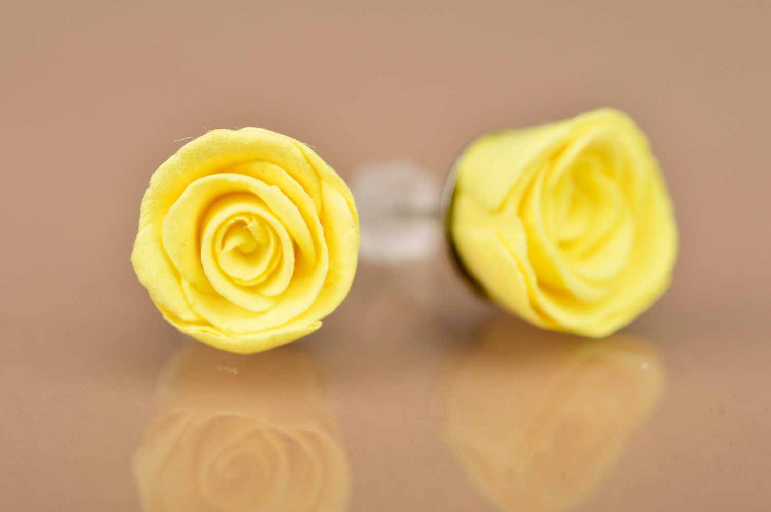 Handmade polymer clay flower stud earrings in the shape of yellow roses photo 4
