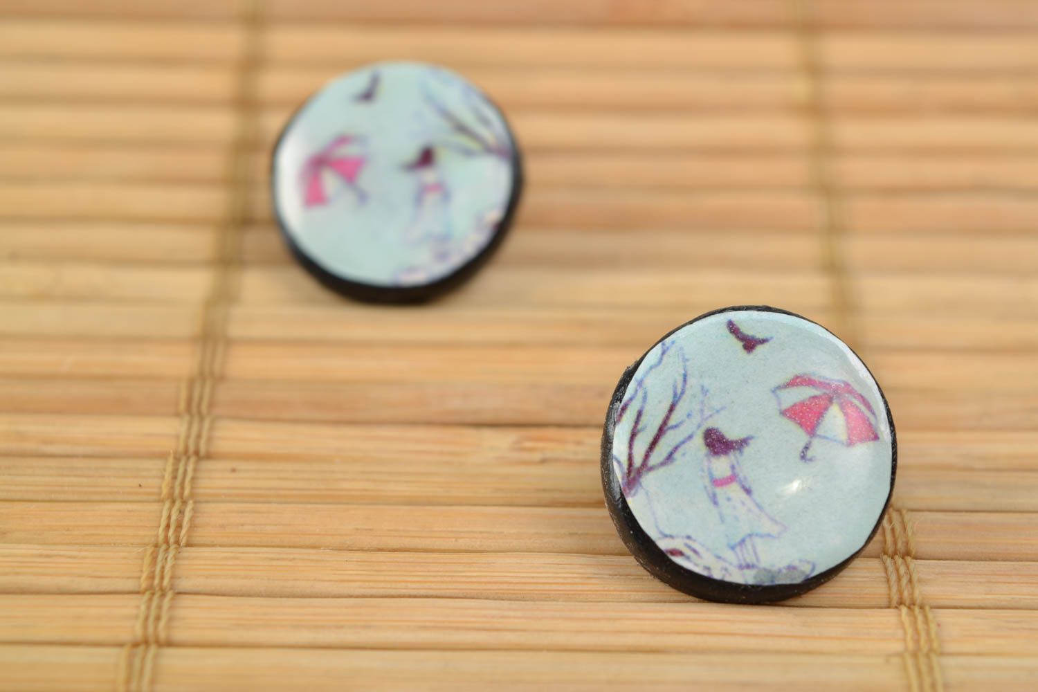 Stud earrings made of polymer clay and epoxy resin handmade decoupage accessory photo 5