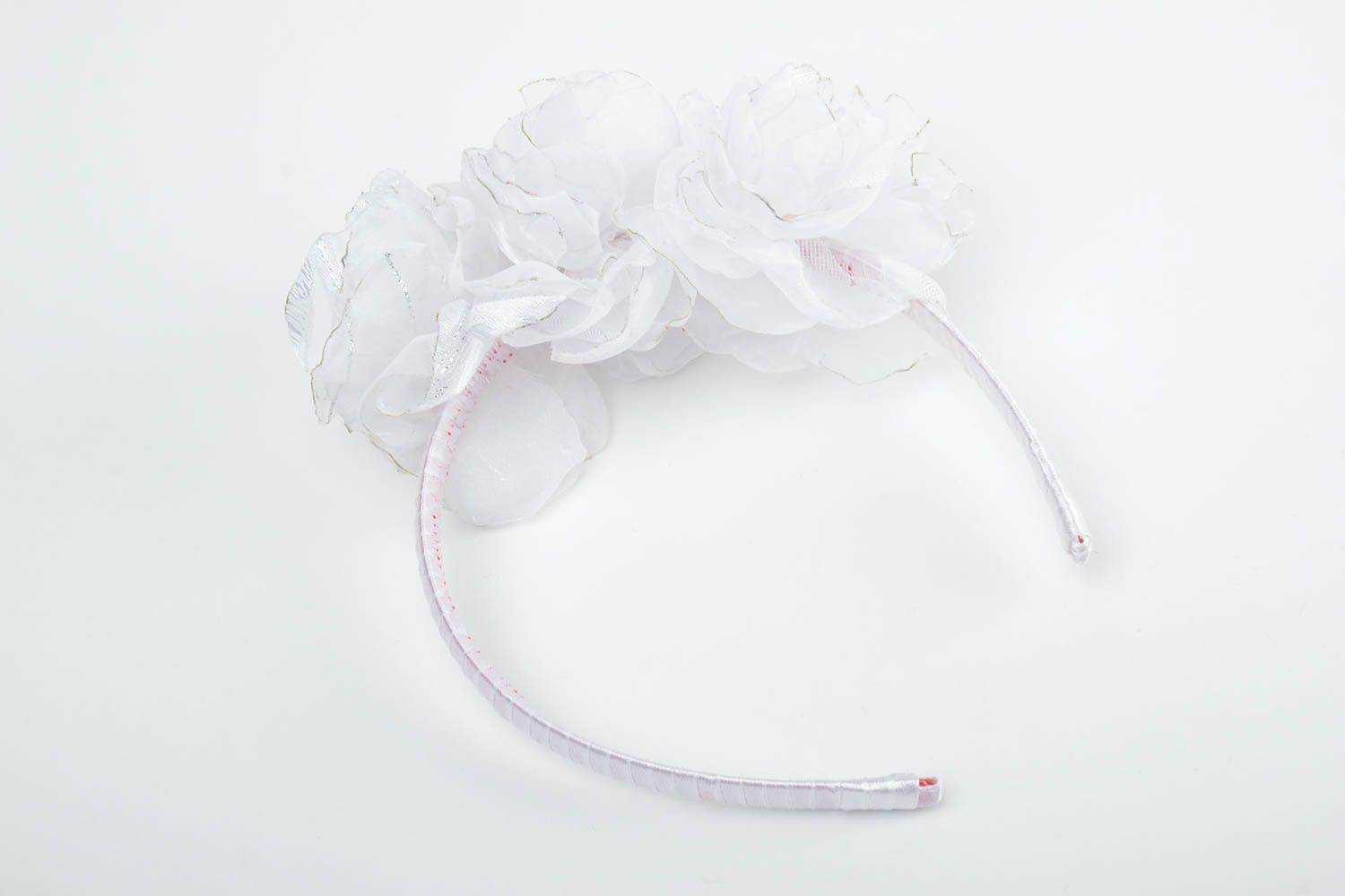 Tender white handmade festive headband with volume chiffon flowers and beads photo 4