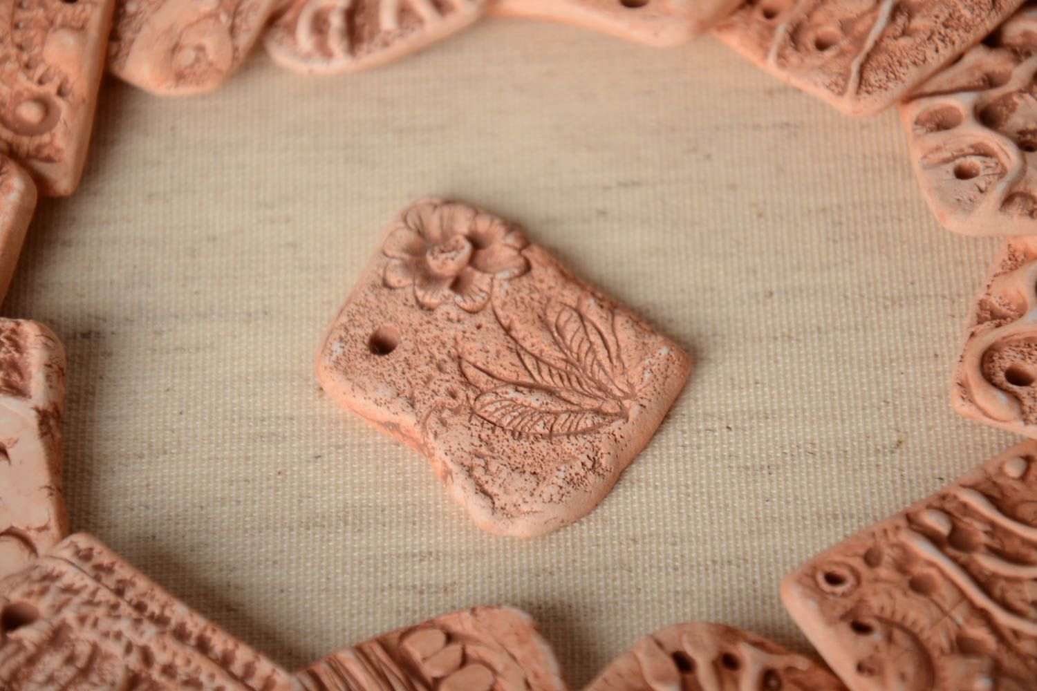 Handmade rectangular clay pendant blank with flower  photo 1