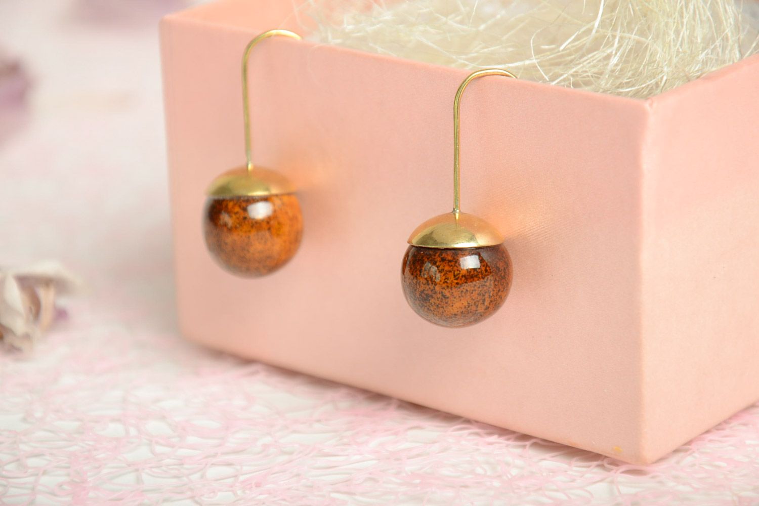 Handmade elegant dangling latten earrings with ceramic beads of brown color photo 1