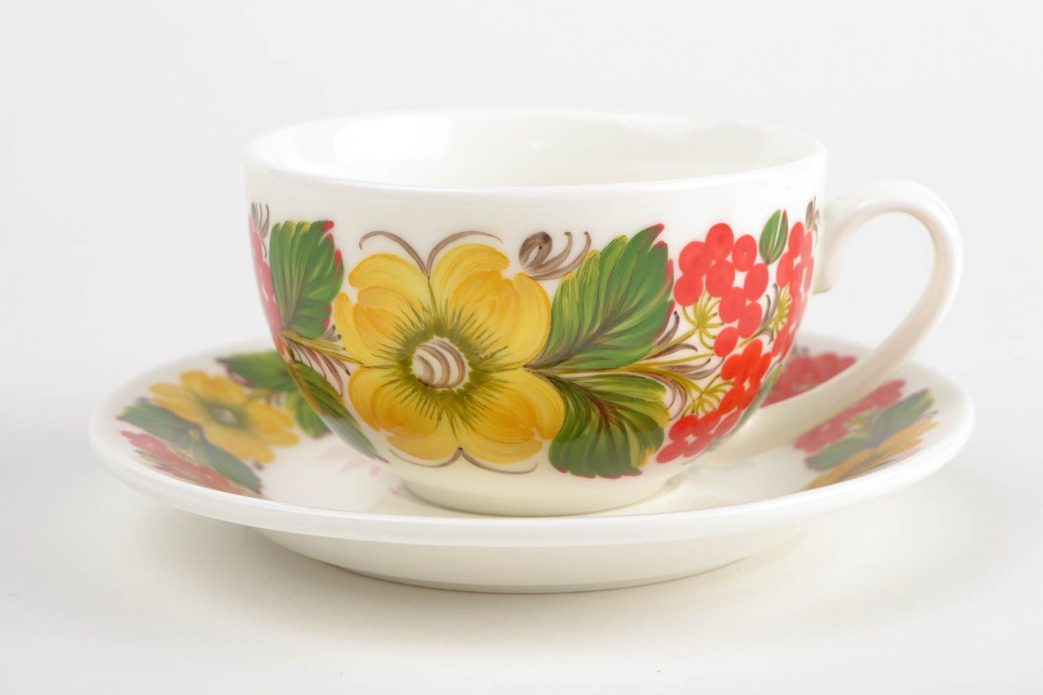 Wide Russian style teacup with floral design, handle, saucer photo 4
