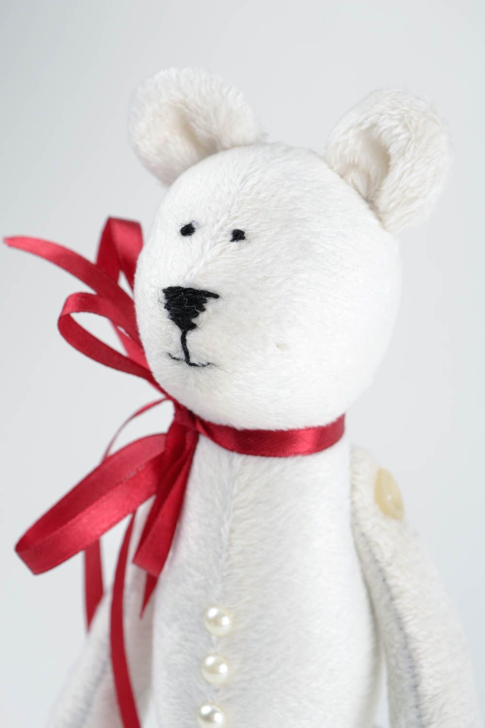 Jouet Ours en peluche blanc fait main avec noeud rouge Cadeau pour enfant photo 3