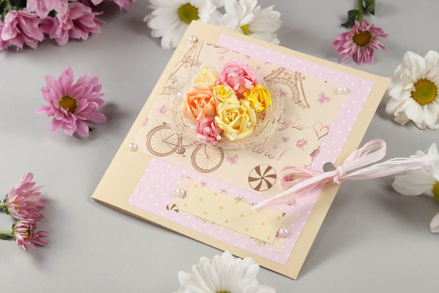 Tarjeta de felicitación clara con flores postal hecha a mano regalo original foto 1