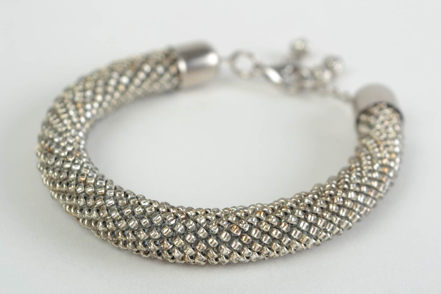 Grey bracelet cord made of Czech beads handmade designer accessory for girls photo 3