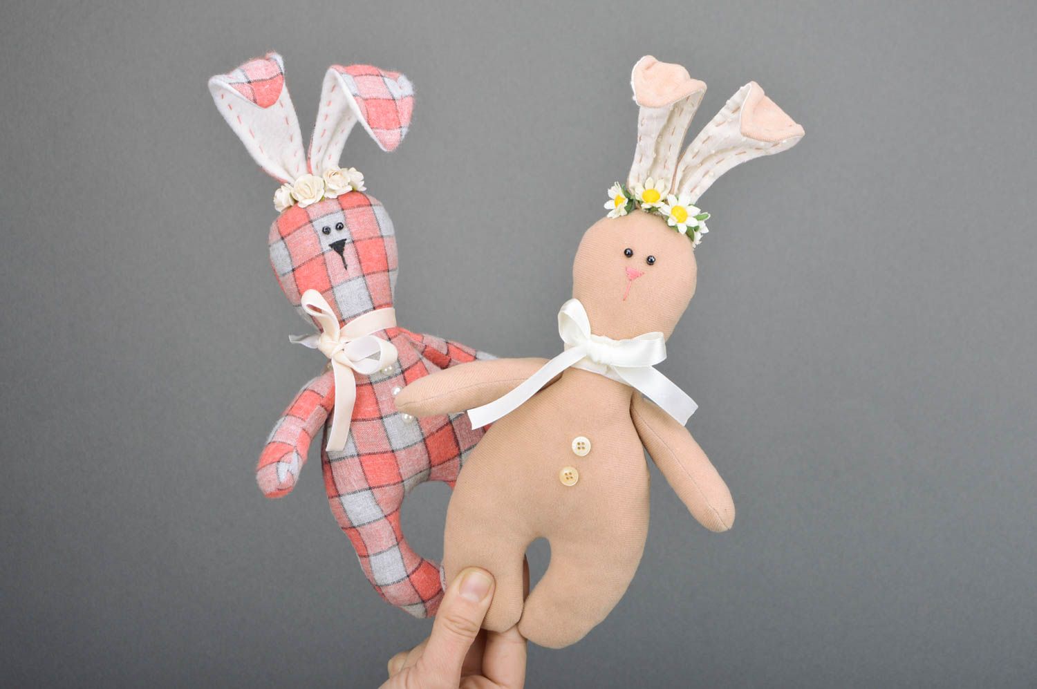 Set of handmade fabric toys 2 pieces cute bunnies beautiful designer interior decor photo 3