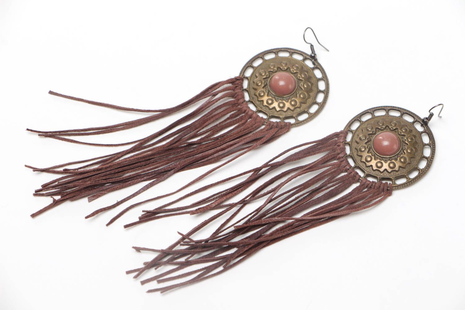 Brown long earrings made of leather with metal handmade unusual beautiful photo 2