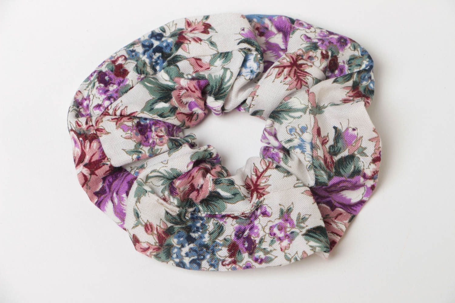 Beautiful handmade large textile hair tie of light color with flower print photo 2