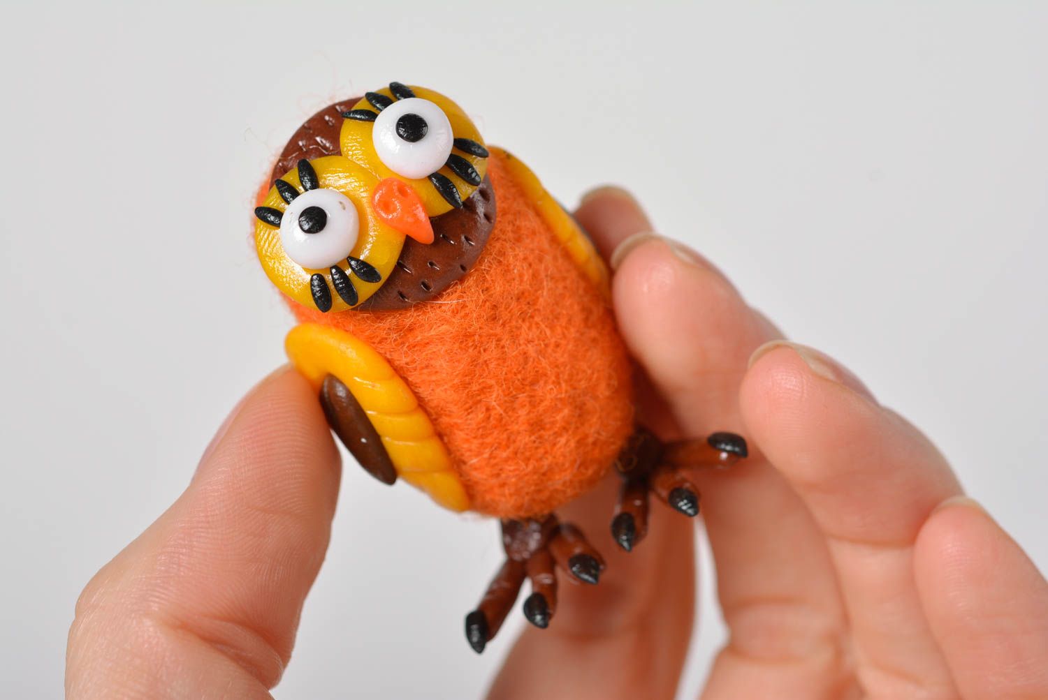 Handmade woolen toy designer statuette figurine made of clay orange owl photo 4