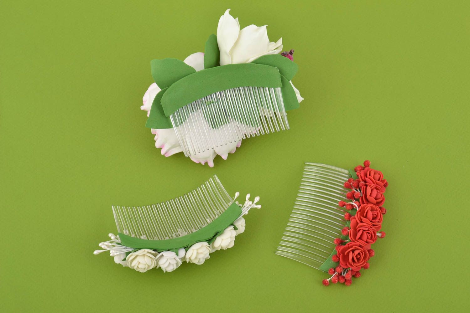 Beautiful handmade combs for hair with flowers made of foamiran set of 3 items photo 8