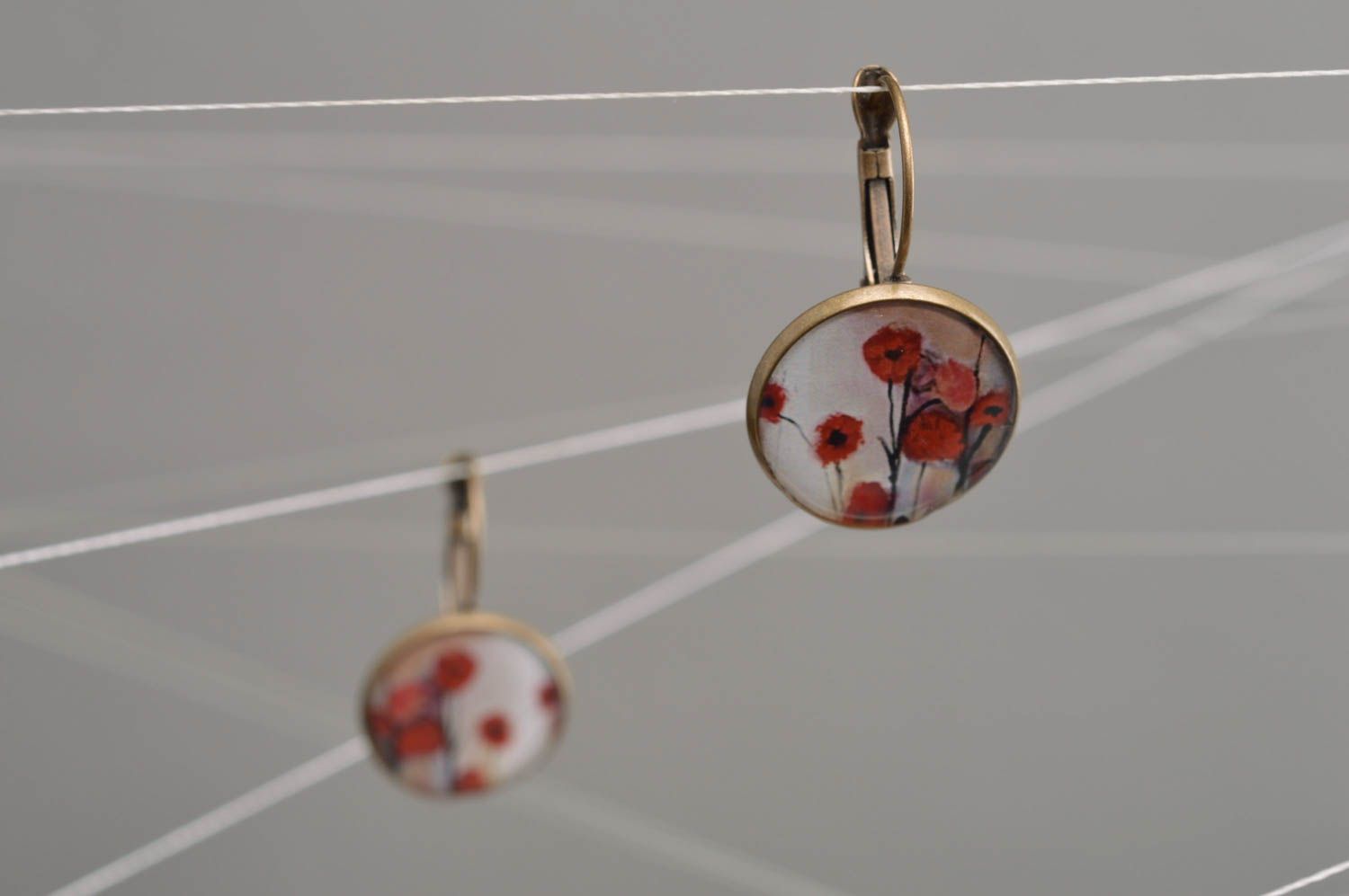 Handmade designer round decoupage earrings in epoxy resin Poppy Flowers photo 1