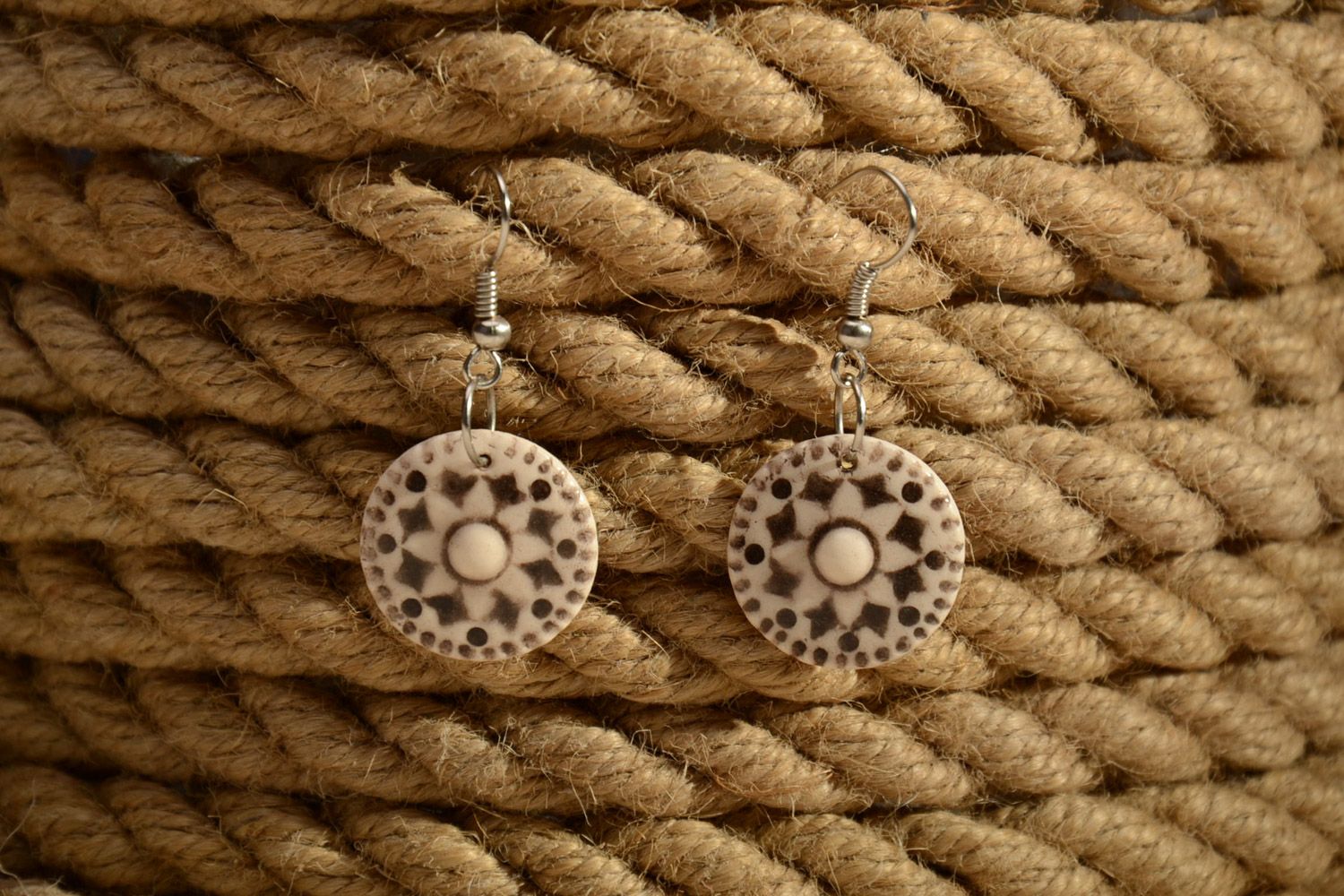 Light round earrings with ornament hand made of white clay for women photo 1