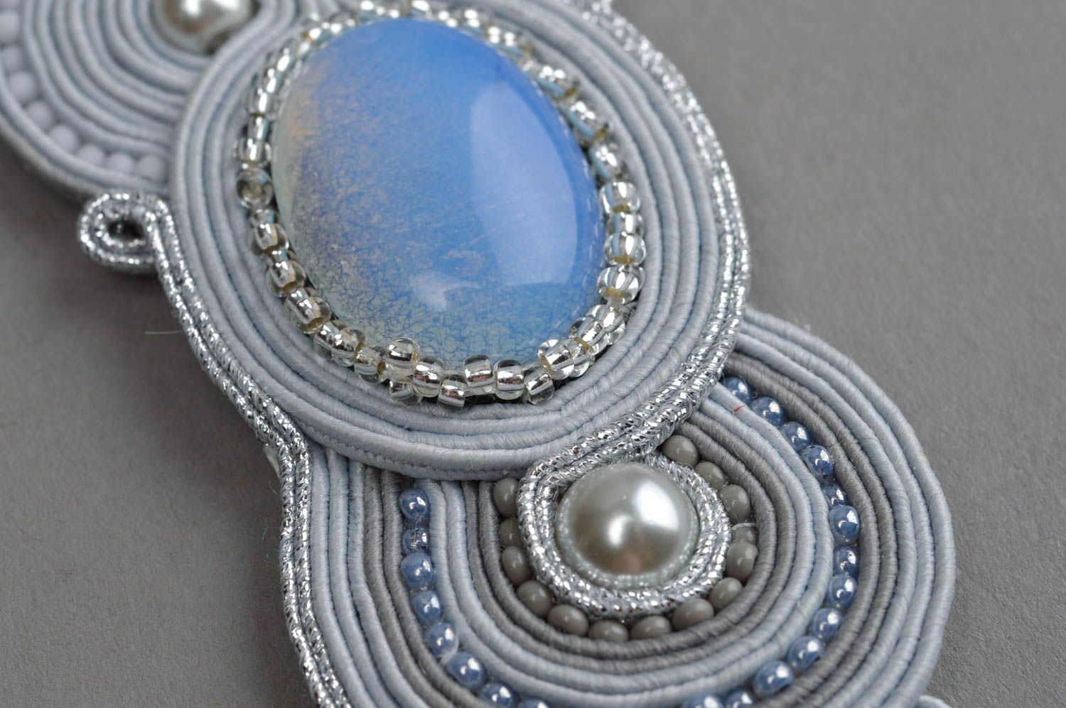 Soutache pendant with moonstone handmade accessory soutache jewelry for women photo 5